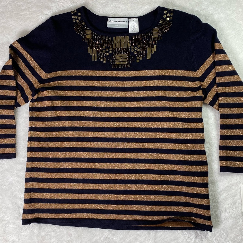 Alfred Dunner Bella Luna Petite Striped Metallic Beaded Sweater NWT